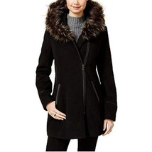 $120 Maralyn &amp; Me Juniors Faux-Fur-Trim Asymmertical Hooded Coat Black S... - £55.65 GBP