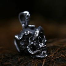 Mens Gothic Retro Snake Skull Pendant Necklace Punk Rock Jewelry Stainless Steel - £8.69 GBP