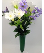 Silk Flower Cemetery Vase Lily with Purple Water Lily Accent - £31.18 GBP