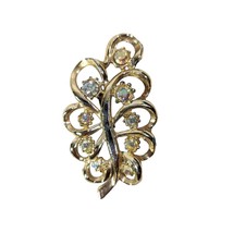 Vintage 1960s Gold Tone Swirl Leaf Brooch Pin Clear Rhinestones 2 x 1.5-... - $18.08