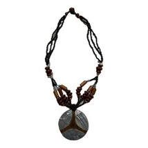 Boho Beaded Necklace Inlaid Mother of Pearl Pendant Carved Wood Glass Metal Bead - £22.33 GBP