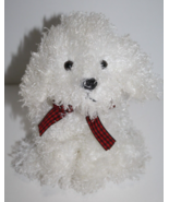 World Market Dog 7&quot; White Curly Plush Maltese Stuffed Poodle Red Bow Sof... - £14.36 GBP