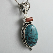 925 Sterling Fine Silver Handmade Pendant Natural Turquoise &amp; Coral Gift FSP2535 - £34.84 GBP