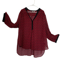 Tacera Sheer Tunic Blouse Red &amp; Black Geometric Print Long Sleeve Plus S... - $197.48 MXN