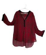 Tacera Sheer Tunic Blouse Red &amp; Black Geometric Print Long Sleeve Plus S... - €8,95 EUR