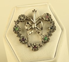 Vintage Sterling Silver Jeweled Signed FM 82 Ribbon Flower Heart Shaped ... - £35.52 GBP