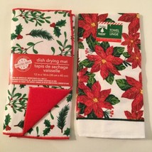  2 pc towel poinsettia dish drying mat holly Christmas House red green - $15.99