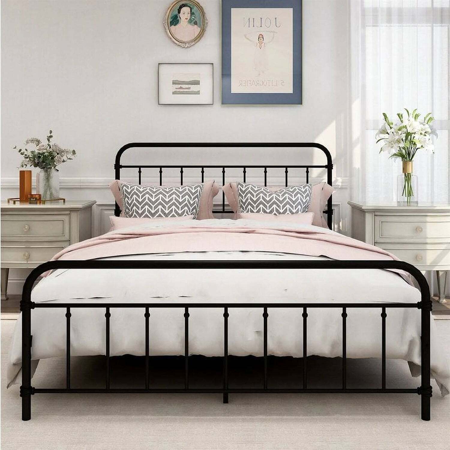 Queen Size Black Metal Bed Frame With Rounded Headboard Item image 4