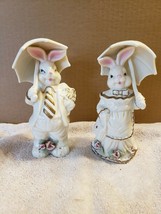 2 White Porcelain Bunny Rabbits Holding Umbrellas AK&#39;s Collection Male &amp;... - $11.88