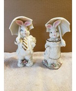 2 White Porcelain Bunny Rabbits Holding Umbrellas AK&#39;s Collection Male &amp;... - £9.41 GBP