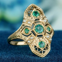 Natural Emerald and Pearl Art deco Style Geometric Three Stone Ring in 9K Gold - £600.97 GBP