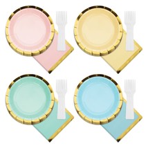 Deluxe Gold Trimmed Pastel Rainbow Scalloped Paper Dessert Plates, Beverage Napk - £15.43 GBP+