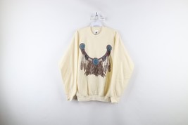 Vintage 90s Womens Large Beaded Feather Indian Crewneck Sweatshirt Cream... - $39.55
