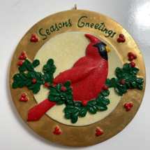Red Cardinal Bird Christmas Ornament Seasons Greetings 3.25 in Round Gold Base - £8.69 GBP