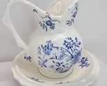 Artmark Japan Blue Onion Creamer With Saucer White Porcelain Cup 4.5&quot; Tall - $12.86