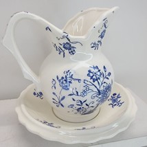 Artmark Japan Blue Onion Creamer With Saucer White Porcelain Cup 4.5&quot; Tall - £10.11 GBP