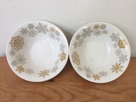 Pair Cream Gold Silver Holiday Christmas Snowflakes Dessert Salad Cereal Bowls - £19.97 GBP