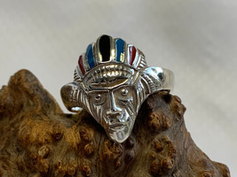 Sterling Silver Ring 6.17g Fine Jewelry Sz 9.75 Band American Native Head Enamel - £28.17 GBP