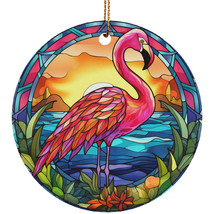 Flamingo Stained Glass Sunset Art Ornament Christmas 2024 Xmas Gift Tree Decor - $15.79