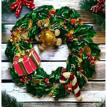 Christmas Wreath Brooch and Mini Detachable Pins Gold Tone Green Enamel ... - £14.89 GBP