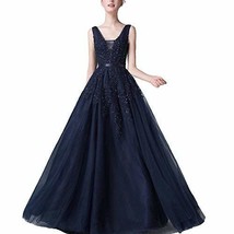 Kivary Women V Neck Sheer Beaded Long Prom Dress Formal Evening Gown Dark Navy U - $79.19