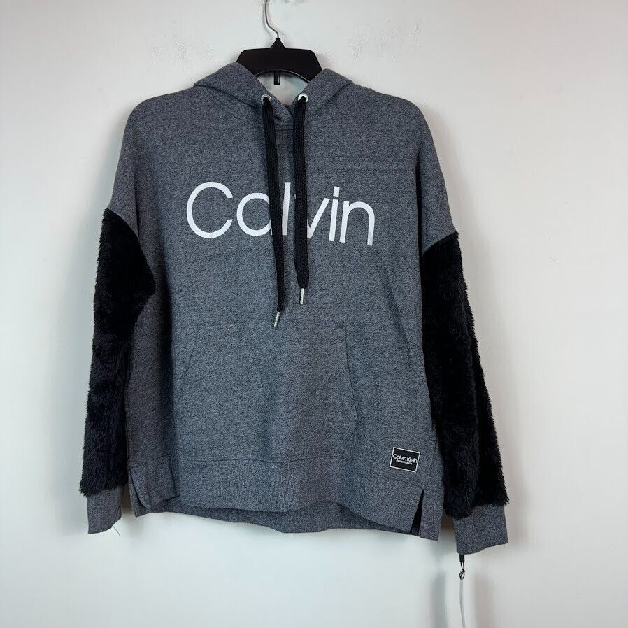 Calvin Klein Womens S Gray Black Fuzzy Sleeves Hoodie Jacket NWT CU73 - $34.29