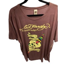 Ed Hardy Mens Size XXL Short Sleeve Brown Tshirt Front Back Print Death Before D - £25.69 GBP