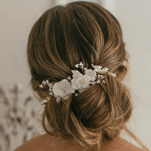 White Ceramic Flower Pearl Bridal Hair Comb, Wedding Bridesmaid Hair Pie... - £13.46 GBP