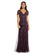 Adrianna Papell Floral Beaded Godet Gown with Sheer Short Sleeves In Night Plum - $269.00
