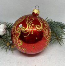 Red with gold glitter glass ball Christmas ornament, handmade XMAS decoration - £10.19 GBP