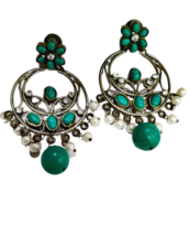 Vintage Handmade Turquoise and Diamond White Gold Plated Pearl Earring Gift Her - £44.00 GBP