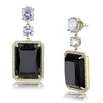 Jet Emerald Cut Halo Synthetic Glass Drop Dangle Gold Plated Fashion Earring - £79.90 GBP
