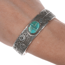 6.5&quot; Andrew Henry Navajo sterling petroglyph turquoise channel inlay cuff - $346.50