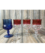 4 Kings Crown Thumbprint Cranberry (1-blue) Flashed Glass Stemmed Water ... - £25.38 GBP