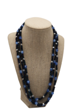 Vintage blue black &amp; metallic beaded flapper length necklace - £11.73 GBP