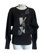 Vintage 80s Black Sequin Blue Silver Triangles Dolman Crew Neck Sweater ... - $24.29