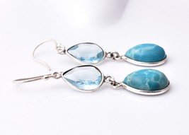 Argento Sterling Larimar &amp; Topazio Gemme Artigianale Bello Orecchino Donna - £45.56 GBP