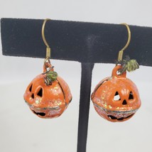 Vintage Metal Halloween Pumpkin Bell Statement Earrings 1.5 Inch Dangle Drop - $16.83