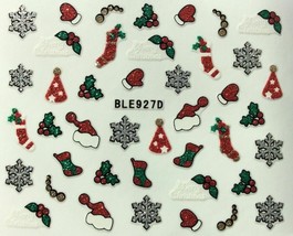 Nail Art 3D Glitter Decal Stickers Christmas Holly Santa Hat Mitten BLE927D - £2.71 GBP