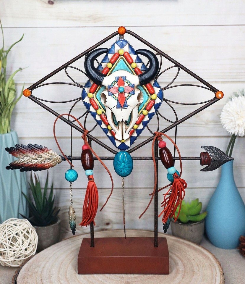 Southwestern Boho Cow Skull Arrow Dreamcatcher Feathers Desktop Plaque F... - $46.99