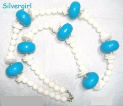 Large Beaded Chunky Vintage Necklace Teal White - £14.50 GBP