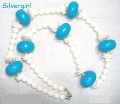 Large Beaded Chunky Vintage Necklace Teal White - £14.25 GBP