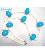 Large Beaded Chunky Vintage Necklace Teal White - £14.41 GBP