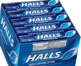 HALLS PEPPERMINT COUGH DROPS / PASTILLAS SABOR MENTA - BOX OF 12 ROLLS F... - $16.99