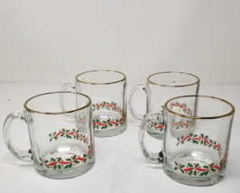 Holly Christmas Mugs Libbey Glass 1980s USA Set of 4 Gold Rimmed Berries Vtg - £14.88 GBP