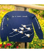 Qui Se Resemble L’Assemble Embroidered Geese Blue LS Pullover Sweater Wo... - $531.77 MXN