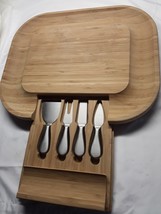 Bamboo Cheese Board Set - Cutlery In Slide-Out Drawer Stainless Steel Utensils - £17.40 GBP