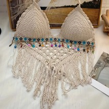 Crochet Halter Bra with Cropped Tassel Hem Summer Sleeveless Casual Top - £28.13 GBP