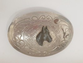 Vintage Horse Head on Engraved Belt Buckle Metal Western Made in USA 3&quot;x 2 1/8&quot; - £23.05 GBP
