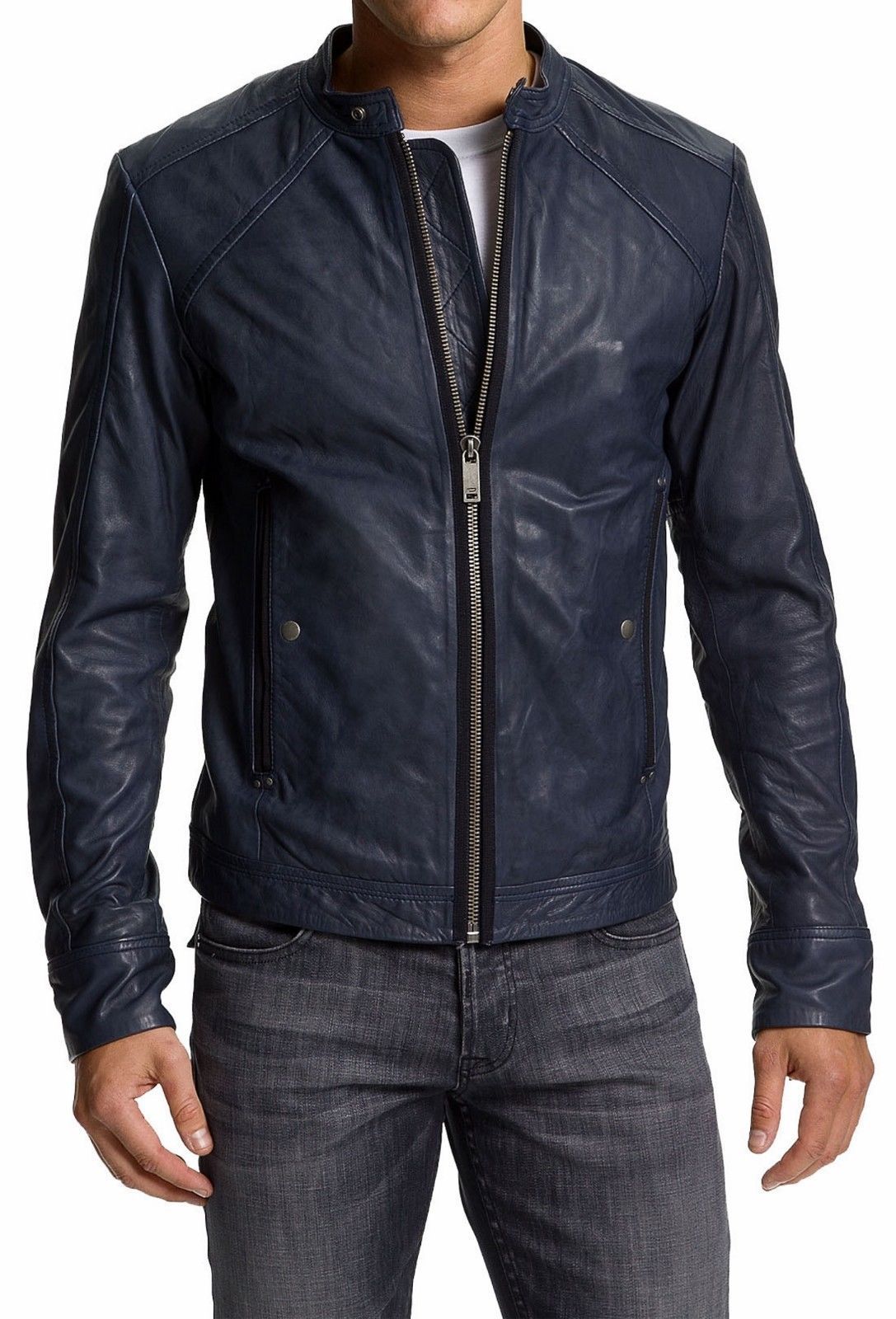 New Handmade Men Navy blue biker jacket, Mens leather jacket, blue Leather jacke